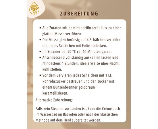 Rezept aus der Aromaküche: Crema Catalana ✨
Ein klassisches Dessert, verfeinert mit den naturreinen ätherischen Ölen aus der Damascena Aromaküche. Kardamom, Vanille Bourbon und Tonkabohne verleihen der Crema Catalana eine harmonische, feine Würze und ein unverwechselbares Aroma. Zusammen mit der knusprigen Karamellkruste entsteht ein besonderer Genuss, der zeigt, wie vielseitig ätherische Öle auch in der Küche eingesetzt werden können.